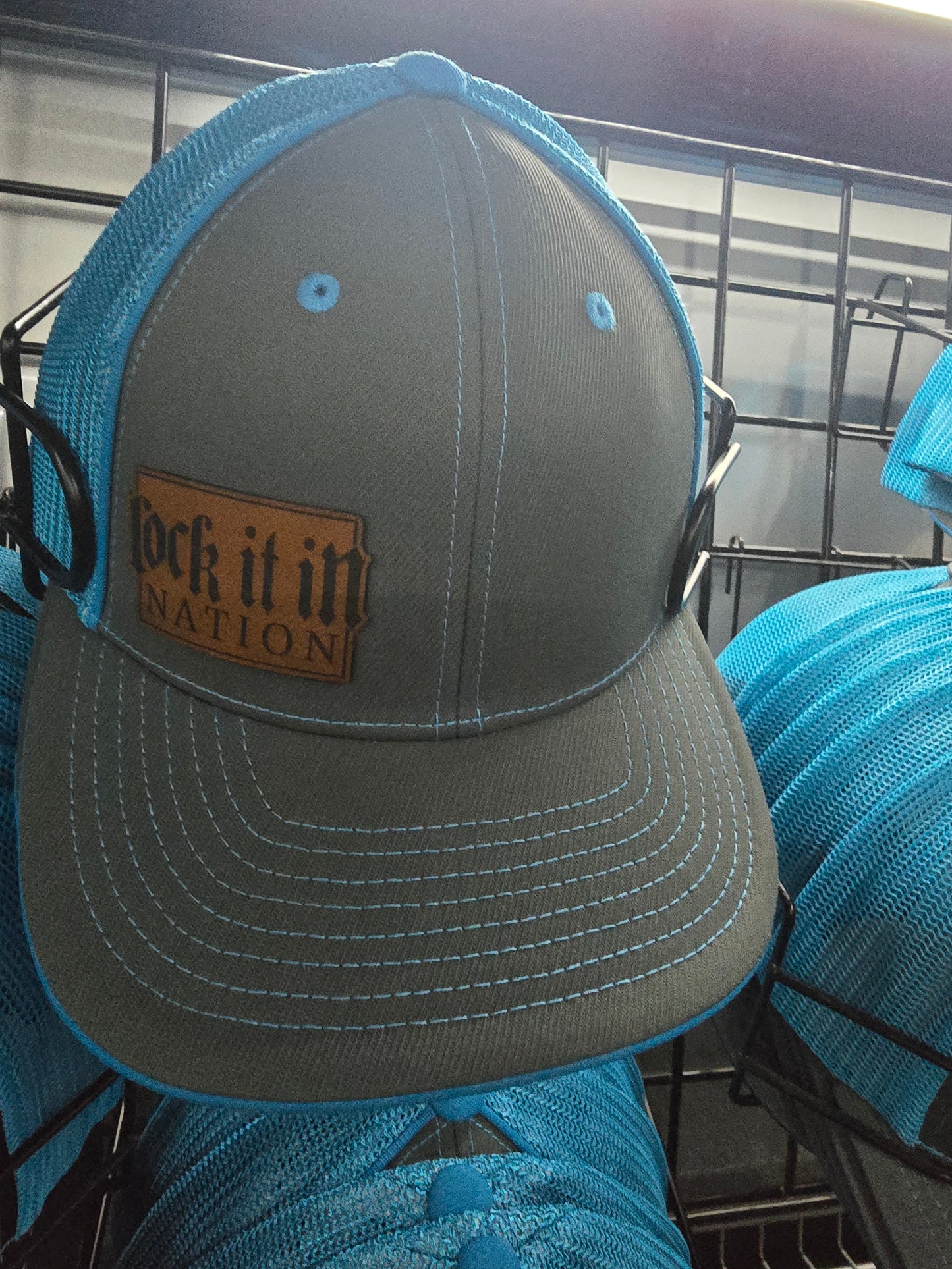 Graphite/Neon Blue Trucker Mesh Hat Small Patch